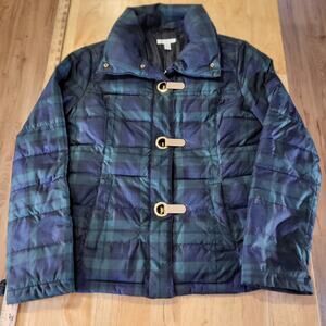 Charter Club Blue Green Plaid Puffer Coat Gold Closures (See slight damage)